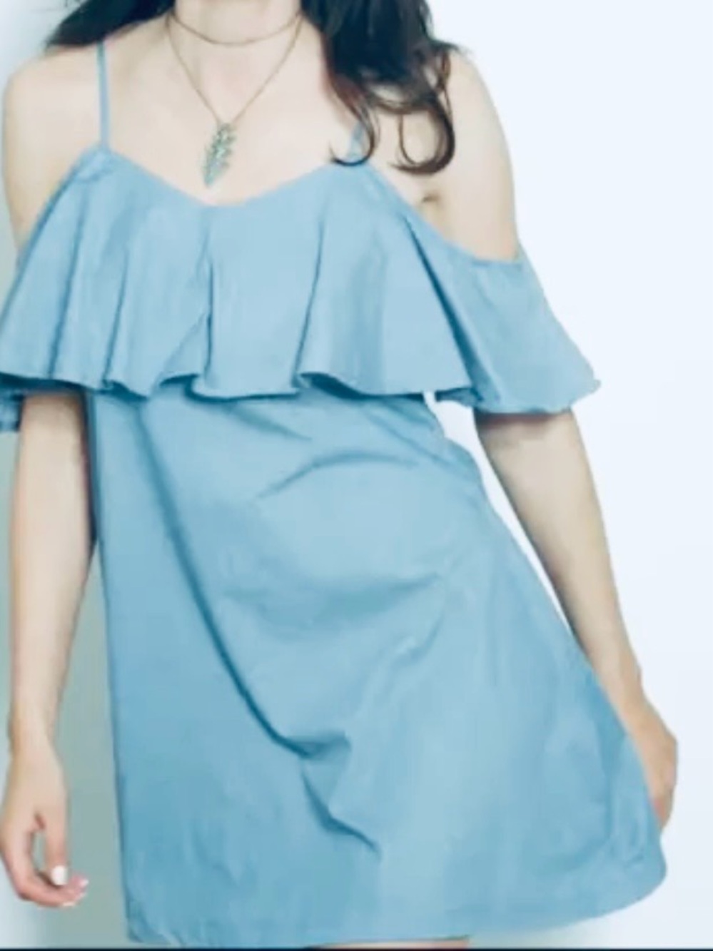 Pink Martini Denim cold shoulder ruffle blue mini chambray dresslfestival street